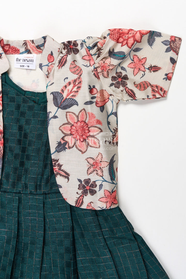 The Nesavu Girls Casual Gown Girls Silk Cotton Anarkali Gown with Floral Border and Overcoat in Green Anarkali Gown Style Nesavu Girls green anarkali gown Silk Cotton Floral Printed Overcoat Flared Pleats | The Nesavu