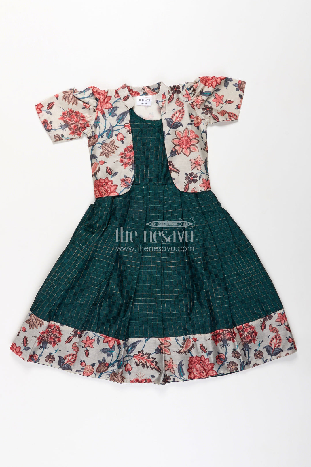The Nesavu Girls Casual Gown Girls Silk Cotton Anarkali Gown with Floral Border and Overcoat in Green Anarkali Gown Style Nesavu Girls green anarkali gown Silk Cotton Floral Printed Overcoat Flared Pleats | The Nesavu