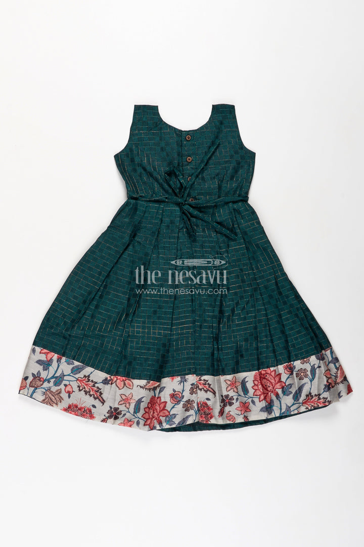 The Nesavu Girls Casual Gown Girls Silk Cotton Anarkali Gown with Floral Border and Overcoat in Green Anarkali Gown Style Nesavu Girls green anarkali gown Silk Cotton Floral Printed Overcoat Flared Pleats | The Nesavu