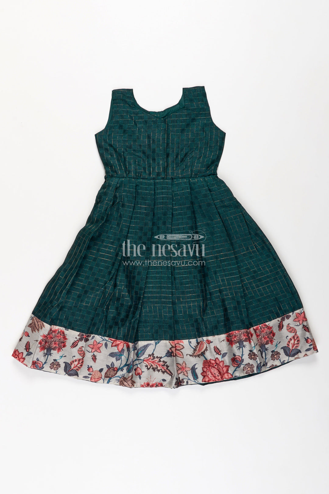 The Nesavu Girls Casual Gown Girls Silk Cotton Anarkali Gown with Floral Border and Overcoat in Green Anarkali Gown Style Nesavu Girls green anarkali gown Silk Cotton Floral Printed Overcoat Flared Pleats | The Nesavu