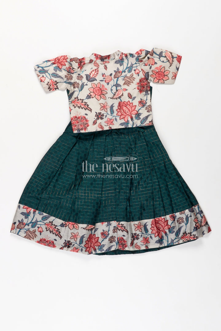 The Nesavu Girls Casual Gown Girls Silk Cotton Anarkali Gown with Floral Border and Overcoat in Green Anarkali Gown Style Nesavu Girls green anarkali gown Silk Cotton Floral Printed Overcoat Flared Pleats | The Nesavu