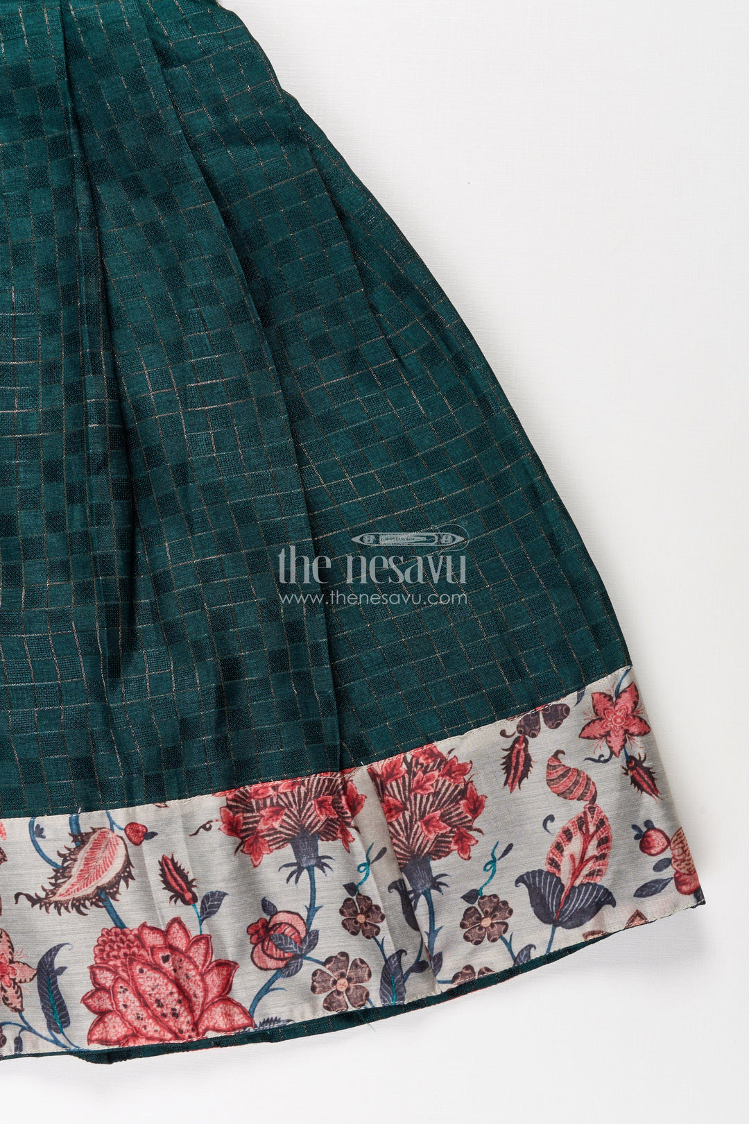 The Nesavu Girls Casual Gown Girls Silk Cotton Anarkali Gown with Floral Border and Overcoat in Green Anarkali Gown Style Nesavu Girls green anarkali gown Silk Cotton Floral Printed Overcoat Flared Pleats | The Nesavu
