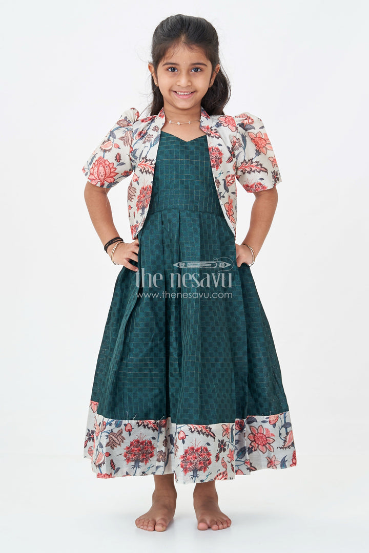 The Nesavu Girls Casual Gown Girls Silk Cotton Anarkali Gown with Floral Border and Overcoat in Green Anarkali Gown Style Nesavu Girls green anarkali gown Silk Cotton Floral Printed Overcoat Flared Pleats | The Nesavu