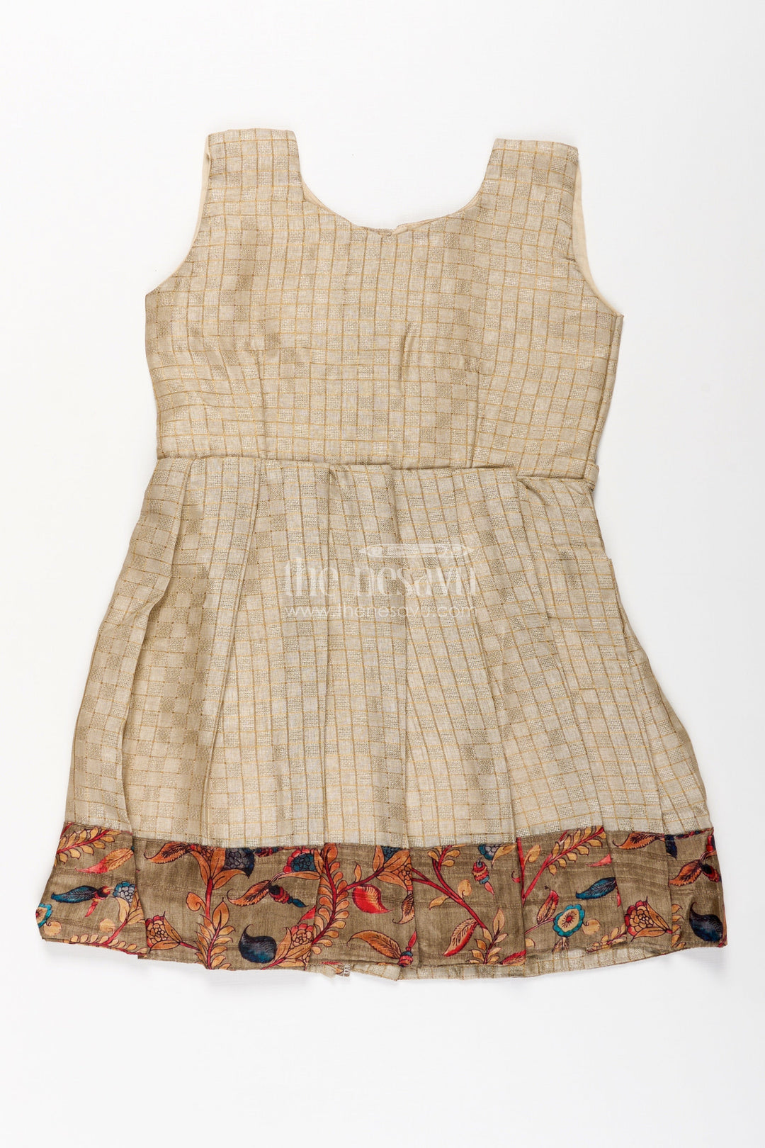 The Nesavu Silk Frock Girls Silk Cotton Frock with Frills and Printed Chanderi Overcoat in Earthy Beige and Multicolor Accents Nesavu Nesavu Girls Frock Frills Silk Cotton Chanderi Overcoat Featuring Floral Printed Borders