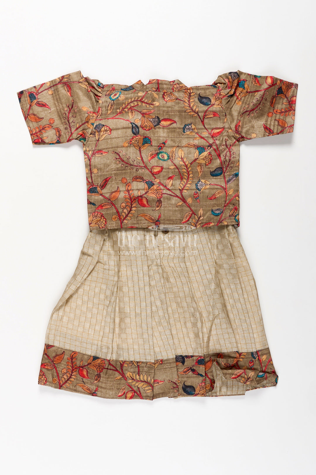 The Nesavu Silk Frock Girls Silk Cotton Frock with Frills and Printed Chanderi Overcoat in Earthy Beige and Multicolor Accents Nesavu Nesavu Girls Frock Frills Silk Cotton Chanderi Overcoat Featuring Floral Printed Borders
