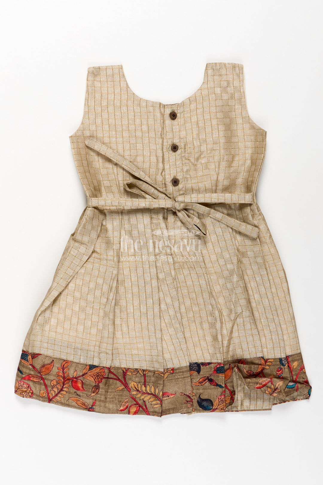 The Nesavu Silk Frock Girls Silk Cotton Frock with Frills and Printed Chanderi Overcoat in Earthy Beige and Multicolor Accents Nesavu Nesavu Girls Frock Frills Silk Cotton Chanderi Overcoat Featuring Floral Printed Borders