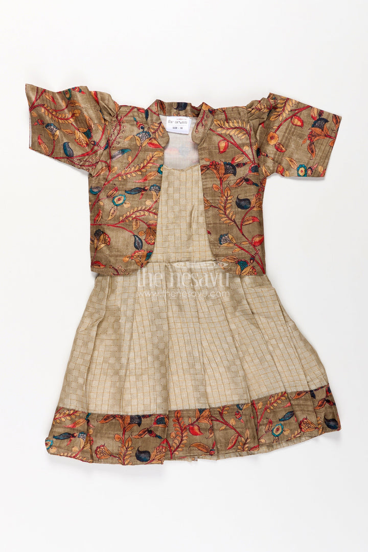 The Nesavu Silk Frock Girls Silk Cotton Frock with Frills and Printed Chanderi Overcoat in Earthy Beige and Multicolor Accents Nesavu Nesavu Girls Frock Frills Silk Cotton Chanderi Overcoat Featuring Floral Printed Borders