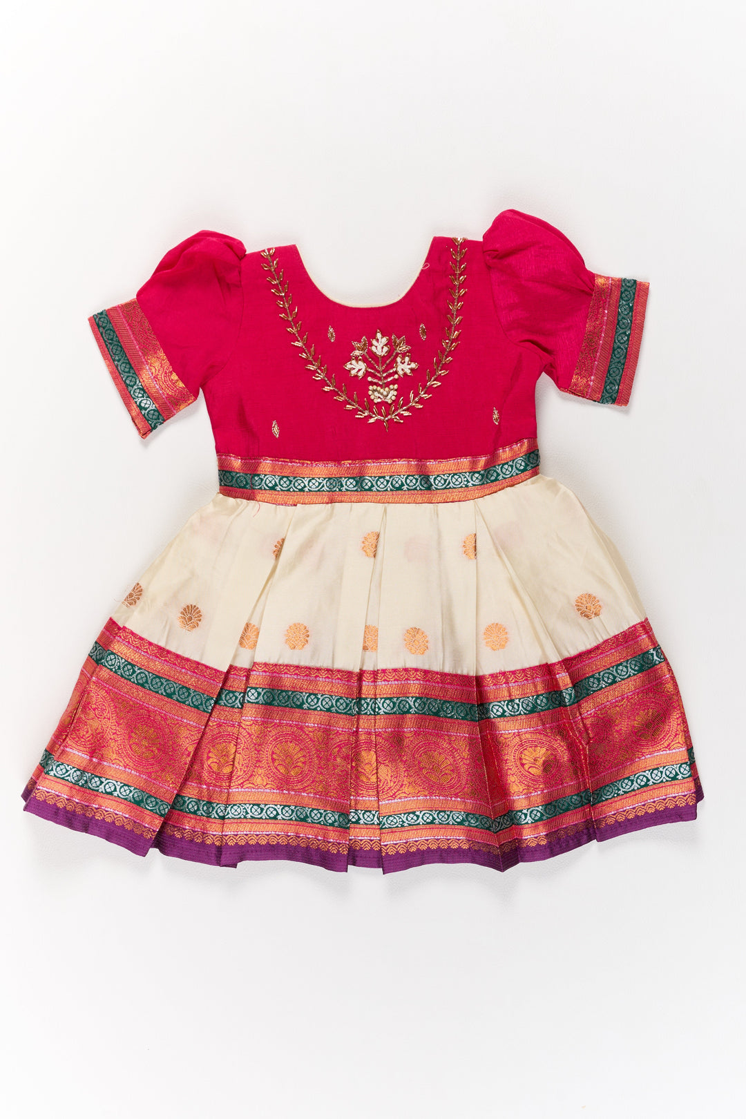 The Nesavu Silk Party Frock Girls Silk Cotton Frock with Red Embroidery and Golden Border Nesavu 16 (1Y) / Red SF959A-16 Nesavu Girls Silk Cotton Frock Embroidery Zari Border