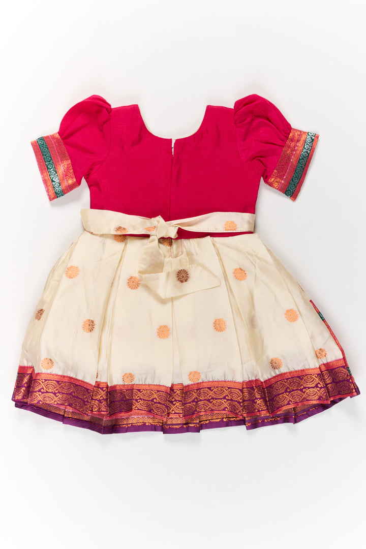 The Nesavu Silk Party Frock Girls Silk Cotton Frock with Red Embroidery and Golden Border Nesavu Girls Silk Cotton Frock Embroidery Zari Border | The Nesavu