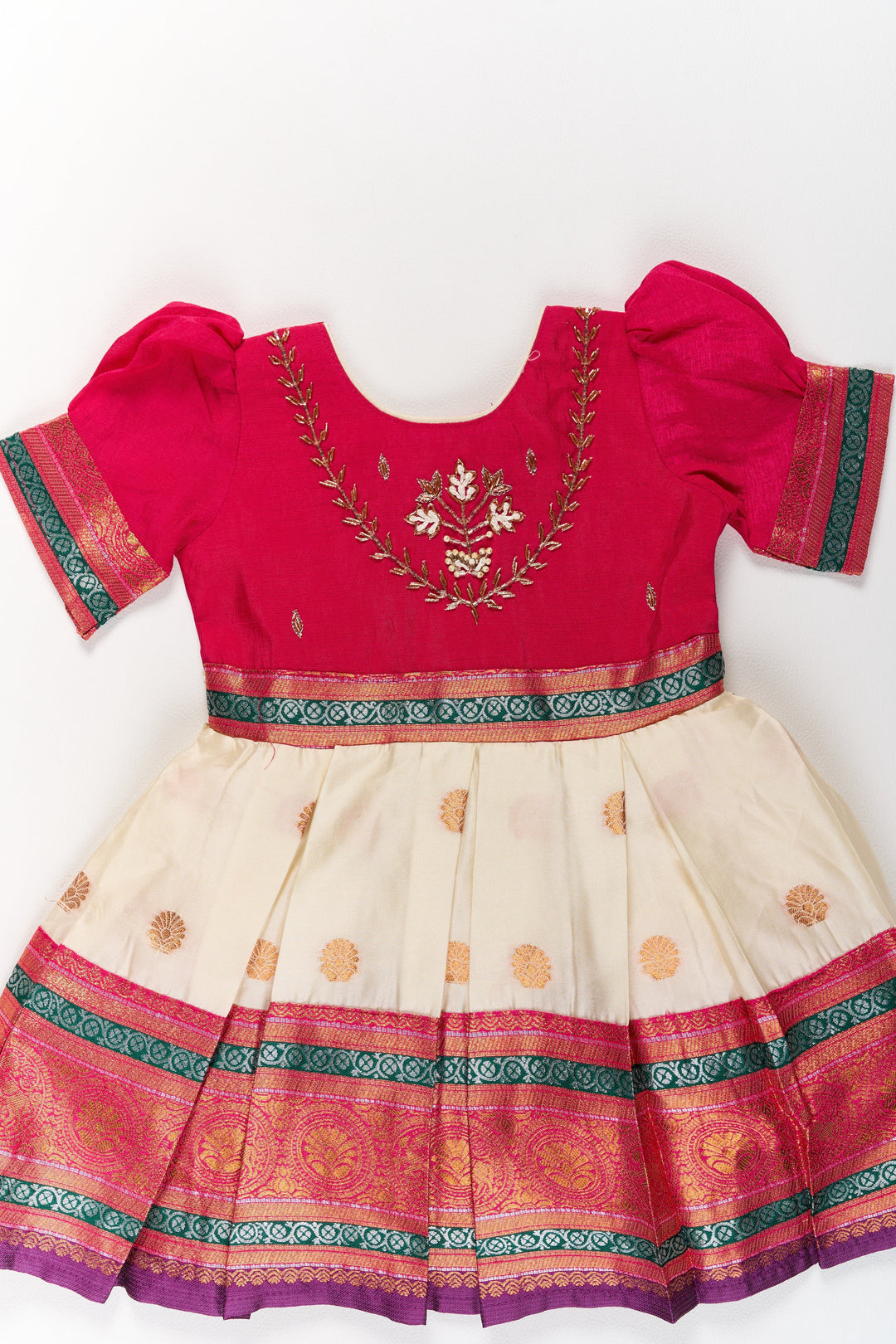 The Nesavu Silk Party Frock Girls Silk Cotton Frock with Red Embroidery and Golden Border Nesavu Girls Silk Cotton Frock Embroidery Zari Border | The Nesavu