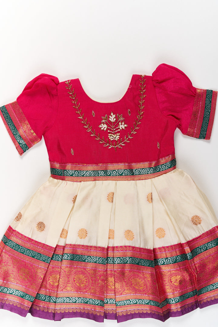 The Nesavu Silk Party Frock Girls Silk Cotton Frock with Red Embroidery and Golden Border Nesavu Girls Silk Cotton Frock Embroidery Zari Border | The Nesavu