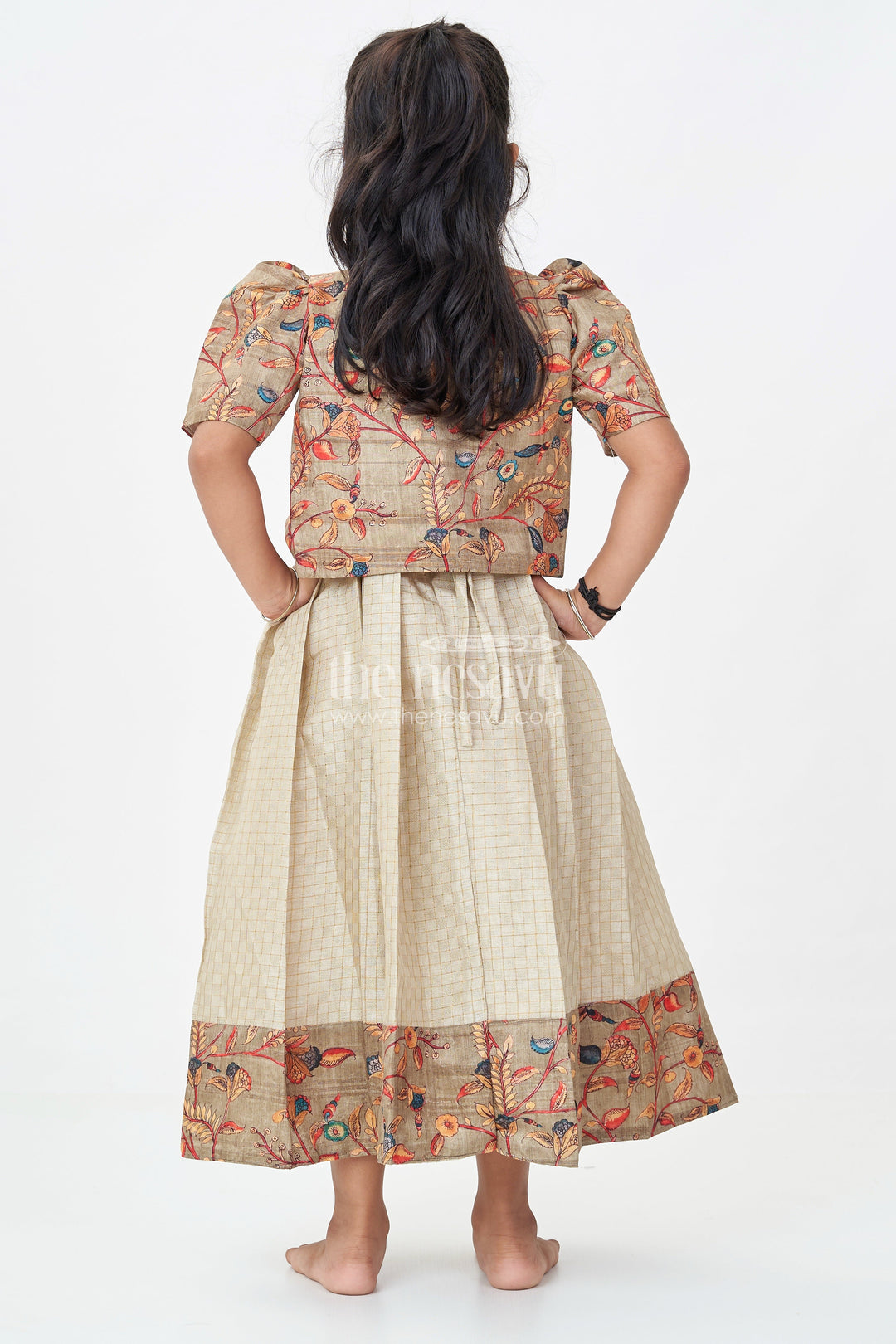 The Nesavu Girls Casual Gown Girls Silk Cotton Gown with Embroidered Chanderi Overcoat in Green Gown with Sleeves Style Nesavu Girls green gown sleeves Silk Cotton Embroidered Chanderi Floral Overcoat | The Nesavu