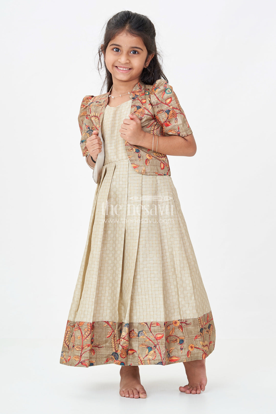 The Nesavu Girls Casual Gown Girls Silk Cotton Gown with Embroidered Chanderi Overcoat in Green Gown with Sleeves Style Nesavu Girls green gown sleeves Silk Cotton Embroidered Chanderi Floral Overcoat | The Nesavu
