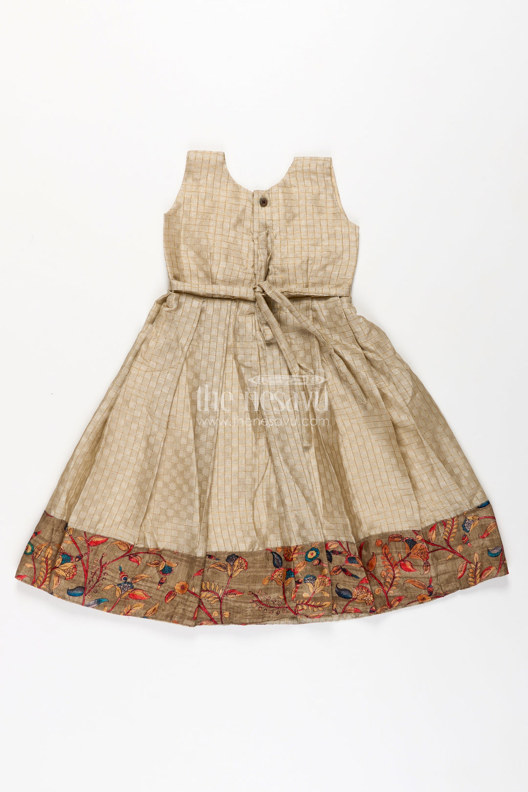 The Nesavu Girls Casual Gown Girls Silk Cotton Gown with Embroidered Chanderi Overcoat in Green Gown with Sleeves Style Nesavu Girls green gown sleeves Silk Cotton Embroidered Chanderi Floral Overcoat | The Nesavu