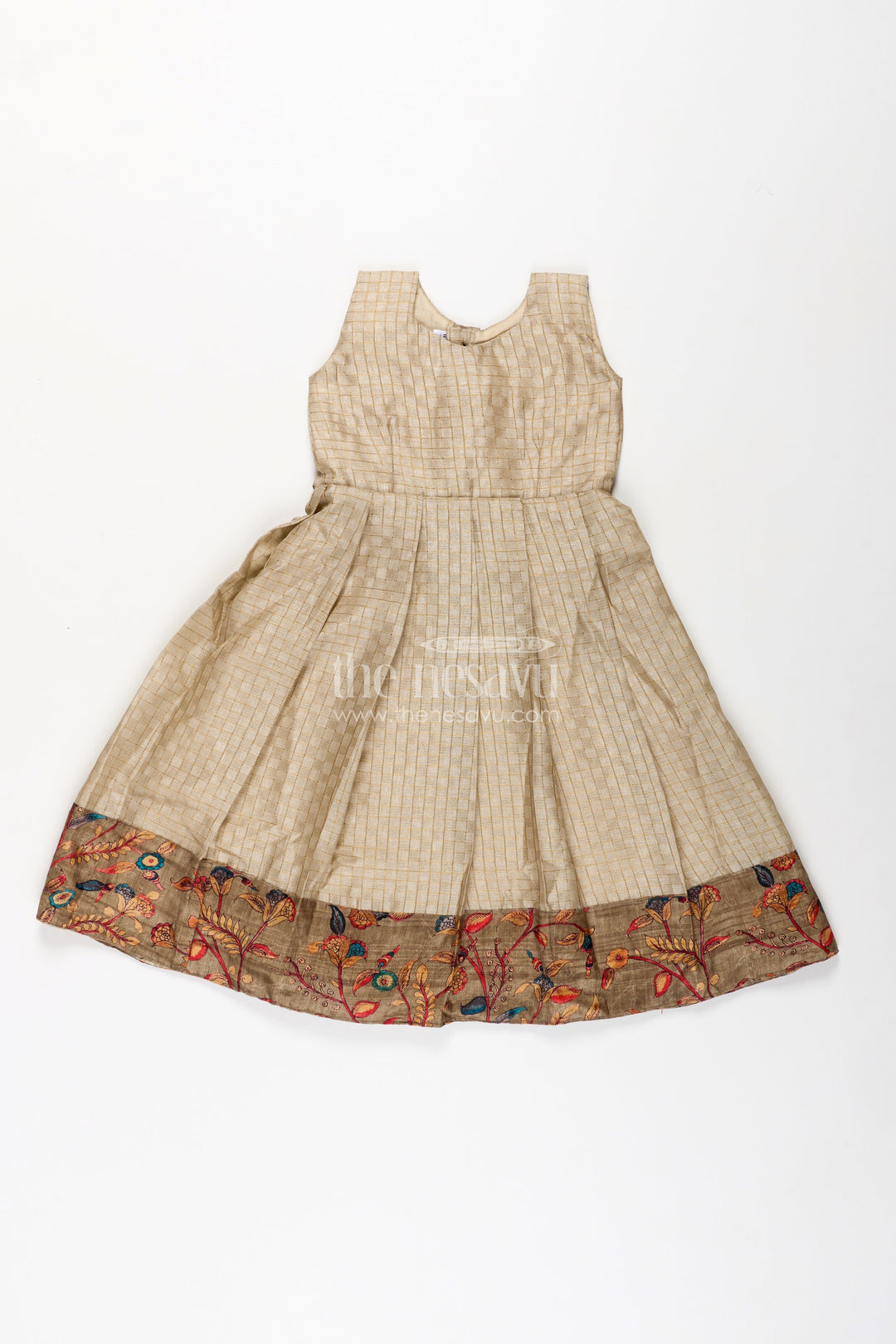 The Nesavu Girls Casual Gown Girls Silk Cotton Gown with Embroidered Chanderi Overcoat in Green Gown with Sleeves Style Nesavu Girls green gown sleeves Silk Cotton Embroidered Chanderi Floral Overcoat | The Nesavu