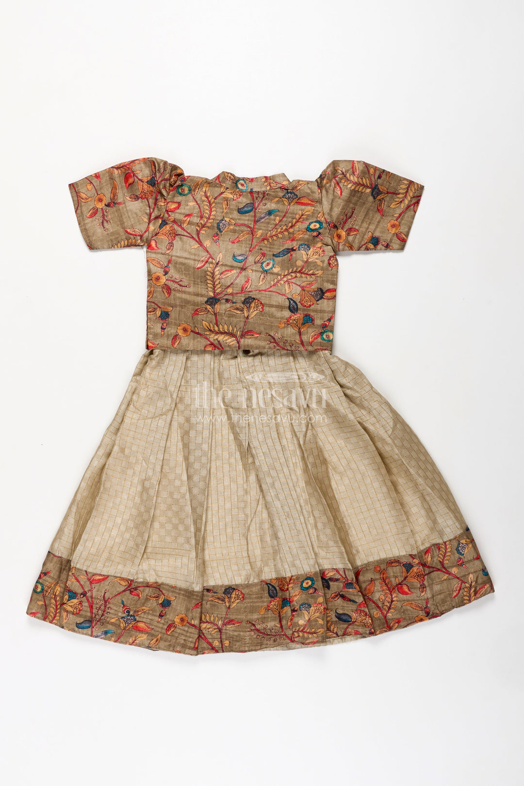 The Nesavu Girls Casual Gown Girls Silk Cotton Gown with Embroidered Chanderi Overcoat in Green Gown with Sleeves Style Nesavu Girls green gown sleeves Silk Cotton Embroidered Chanderi Floral Overcoat | The Nesavu