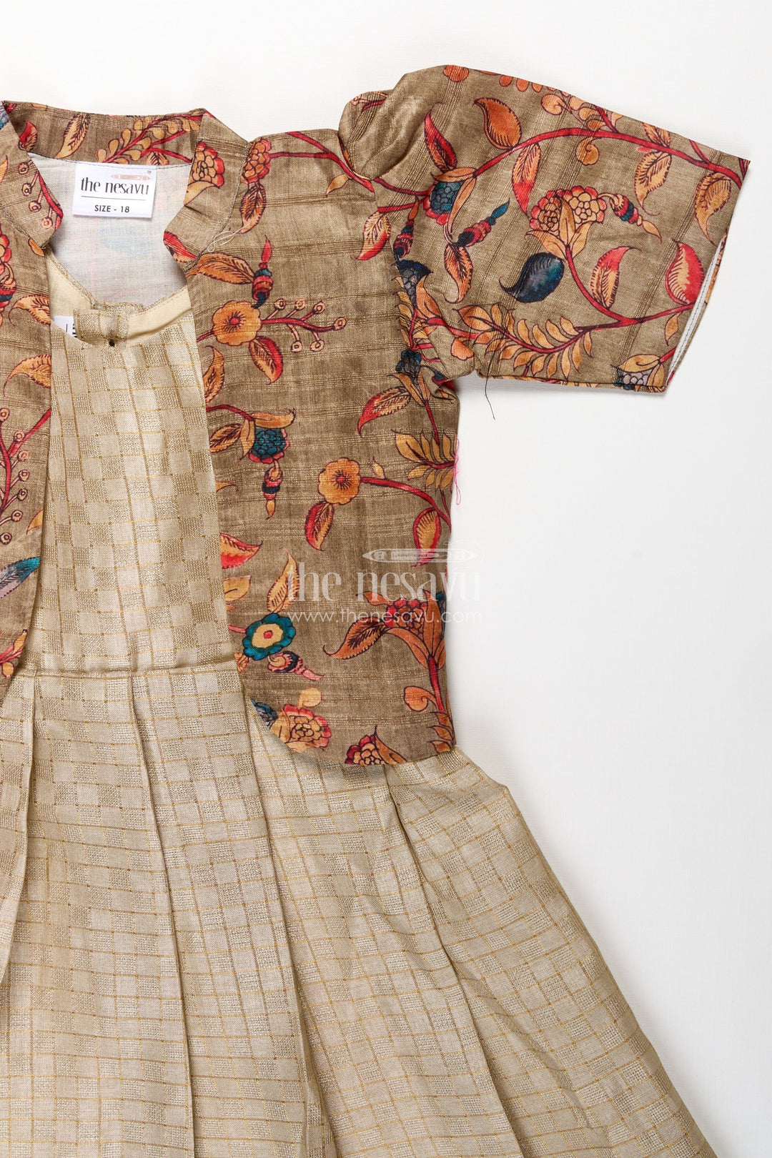 The Nesavu Girls Casual Gown Girls Silk Cotton Gown with Embroidered Chanderi Overcoat in Green Gown with Sleeves Style Nesavu Girls green gown sleeves Silk Cotton Embroidered Chanderi Floral Overcoat | The Nesavu