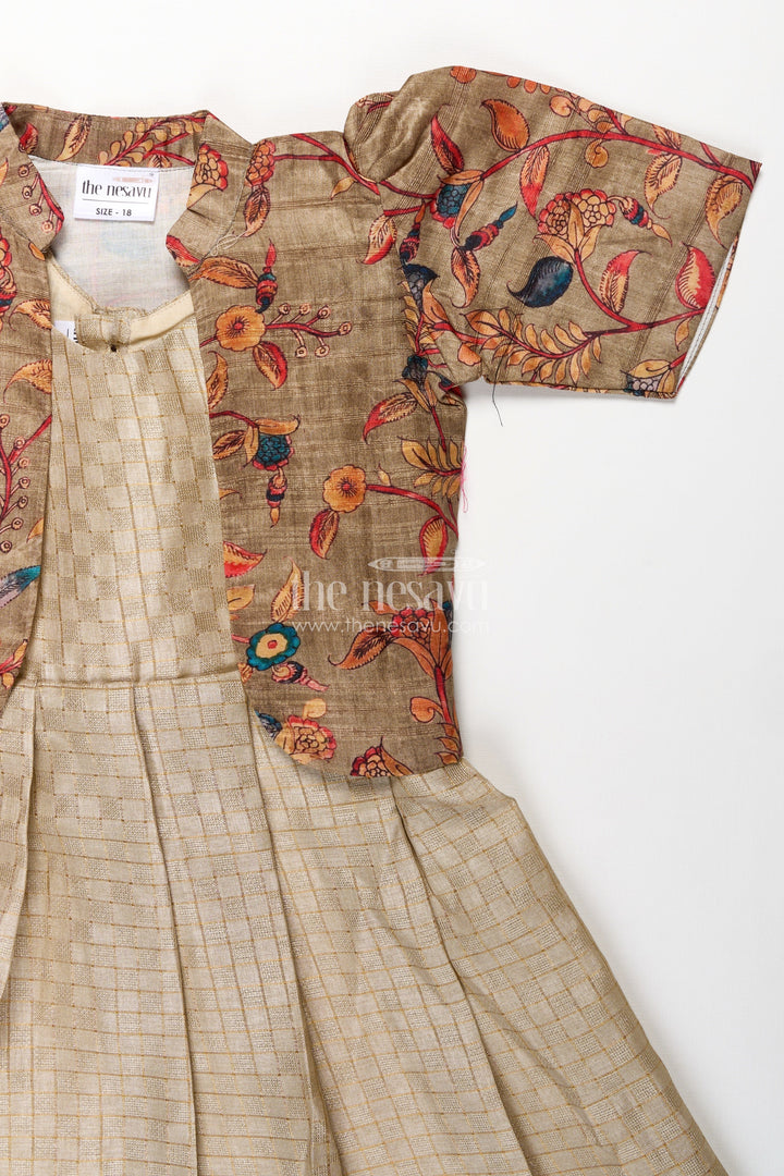 The Nesavu Girls Casual Gown Girls Silk Cotton Gown with Embroidered Chanderi Overcoat in Green Gown with Sleeves Style Nesavu Girls green gown sleeves Silk Cotton Embroidered Chanderi Floral Overcoat | The Nesavu