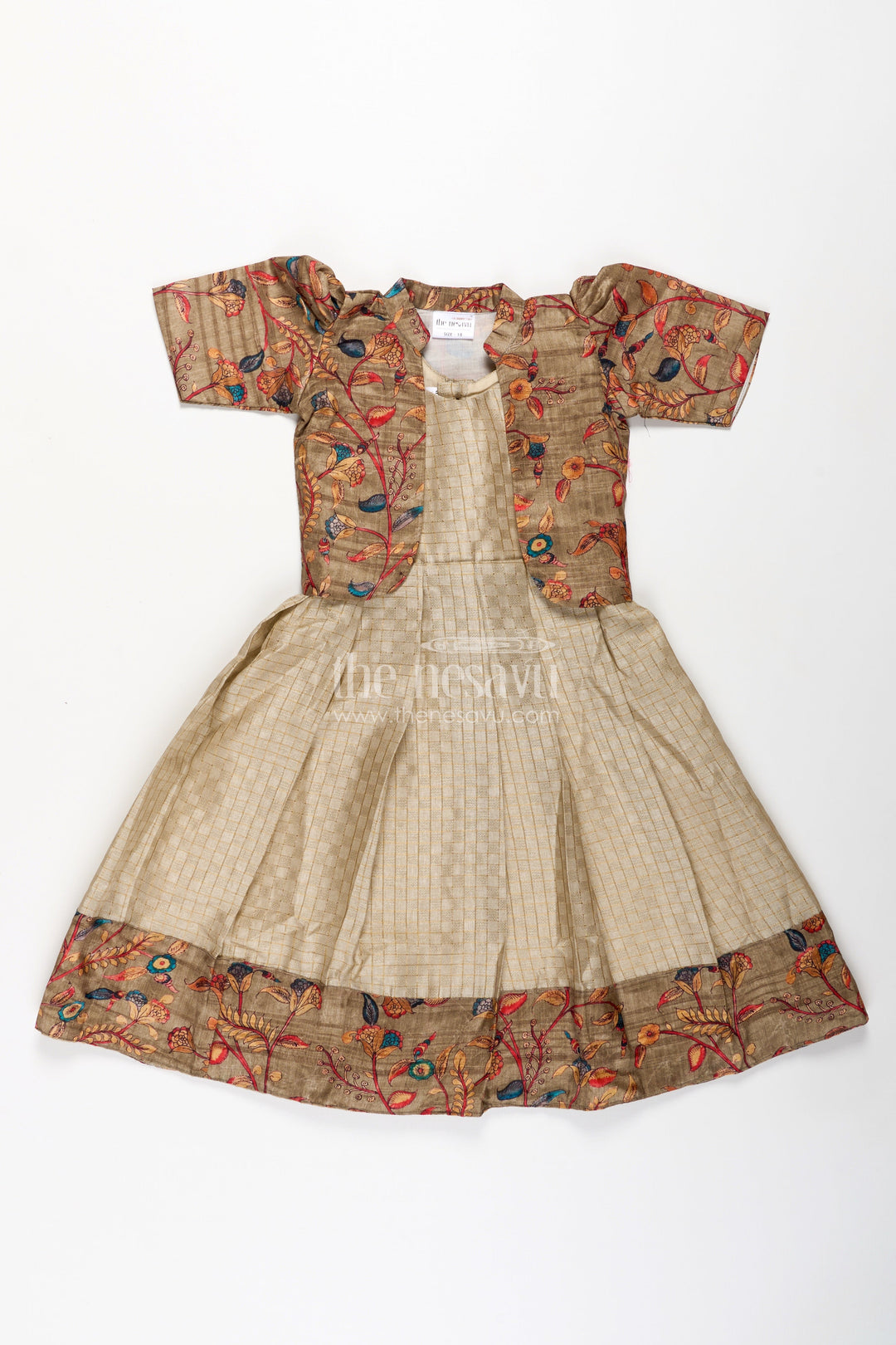 The Nesavu Girls Casual Gown Girls Silk Cotton Gown with Embroidered Chanderi Overcoat in Green Gown with Sleeves Style Nesavu Girls green gown sleeves Silk Cotton Embroidered Chanderi Floral Overcoat | The Nesavu