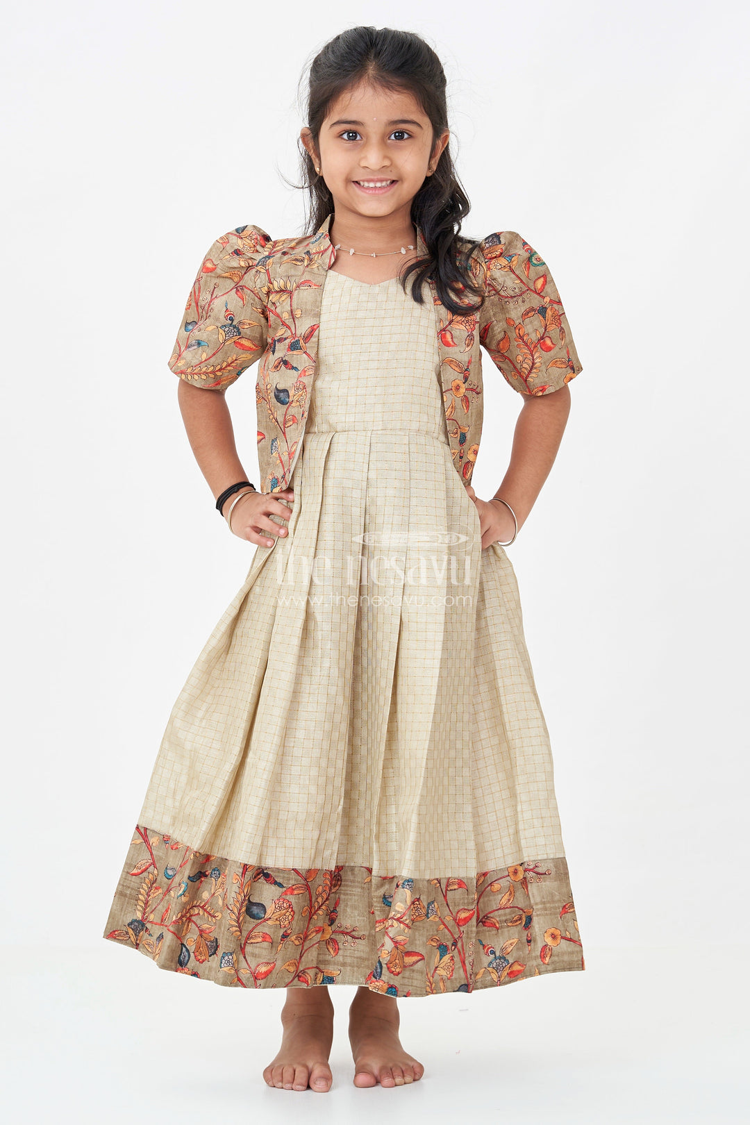 The Nesavu Girls Casual Gown Girls Silk Cotton Gown with Embroidered Chanderi Overcoat in Green Gown with Sleeves Style Nesavu Girls green gown sleeves Silk Cotton Embroidered Chanderi Floral Overcoat | The Nesavu