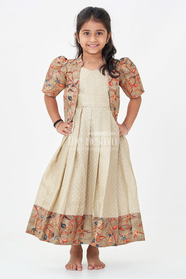 The Nesavu Girls Casual Gown Girls Silk Cotton Gown with Embroidered Chanderi Overcoat in Green Gown with Sleeves Style Nesavu Girls green gown sleeves Silk Cotton Embroidered Chanderi Floral Overcoat | The Nesavu