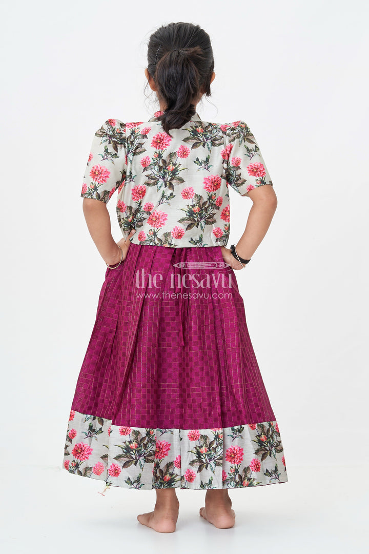 The Nesavu Girls Casual Gown Girls Silk Cotton Gown with Floral Chanderi Overcoat in Pink Colour Gown Dress Style Nesavu Girls pink colour gown dress Silk Cotton Floral Chanderi Overcoat Pleated Skirt | The Nesavu