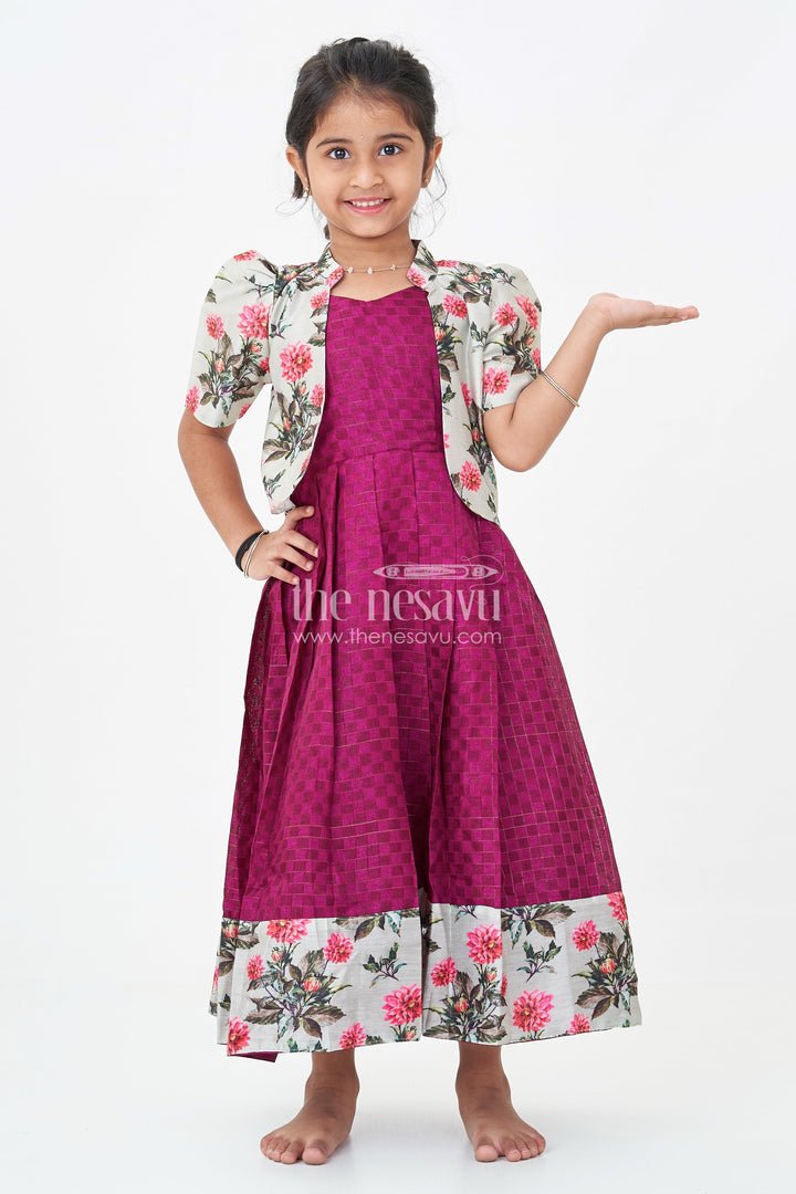 The Nesavu Girls Casual Gown Girls Silk Cotton Gown with Floral Chanderi Overcoat in Pink Colour Gown Dress Style Nesavu Girls pink colour gown dress Silk Cotton Floral Chanderi Overcoat Pleated Skirt | The Nesavu