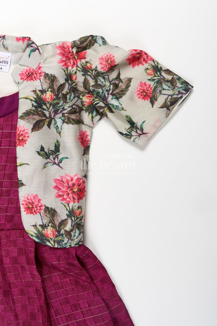 The Nesavu Girls Casual Gown Girls Silk Cotton Gown with Floral Chanderi Overcoat in Pink Colour Gown Dress Style Nesavu Girls pink colour gown dress Silk Cotton Floral Chanderi Overcoat Pleated Skirt | The Nesavu