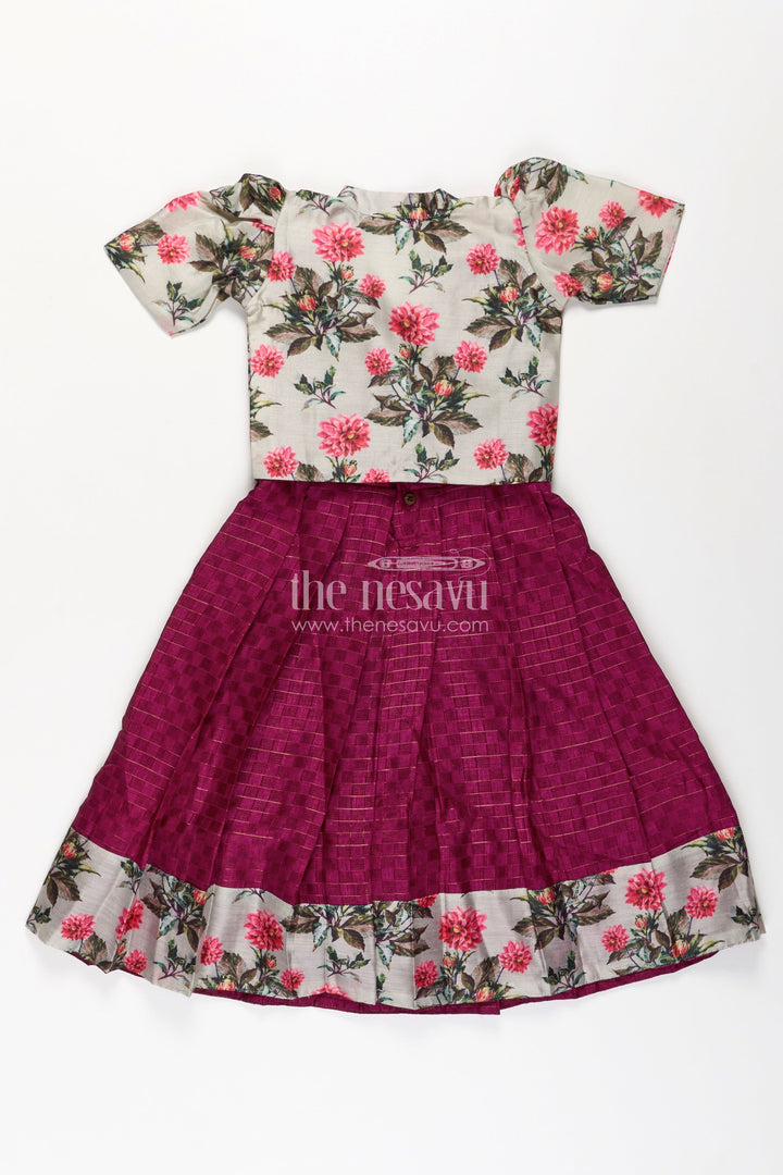 The Nesavu Girls Casual Gown Girls Silk Cotton Gown with Floral Chanderi Overcoat in Pink Colour Gown Dress Style Nesavu Girls pink colour gown dress Silk Cotton Floral Chanderi Overcoat Pleated Skirt | The Nesavu