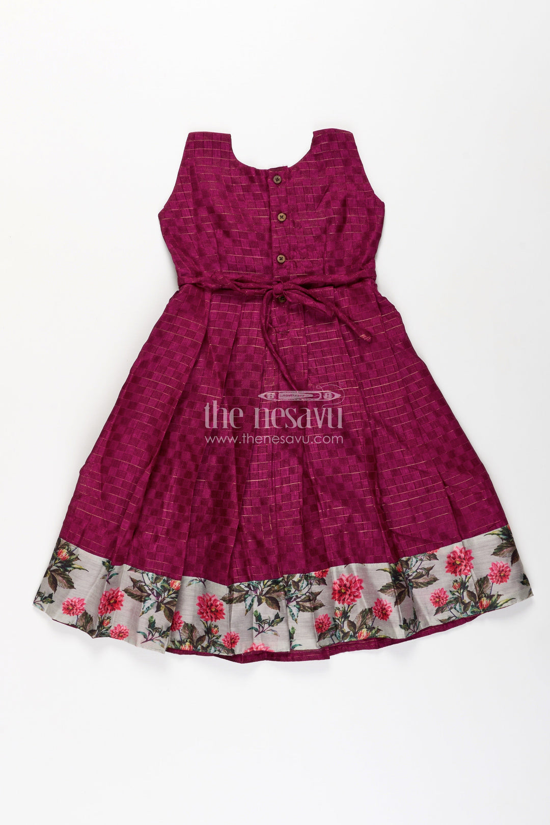 The Nesavu Girls Casual Gown Girls Silk Cotton Gown with Floral Chanderi Overcoat in Pink Colour Gown Dress Style Nesavu Girls pink colour gown dress Silk Cotton Floral Chanderi Overcoat Pleated Skirt | The Nesavu