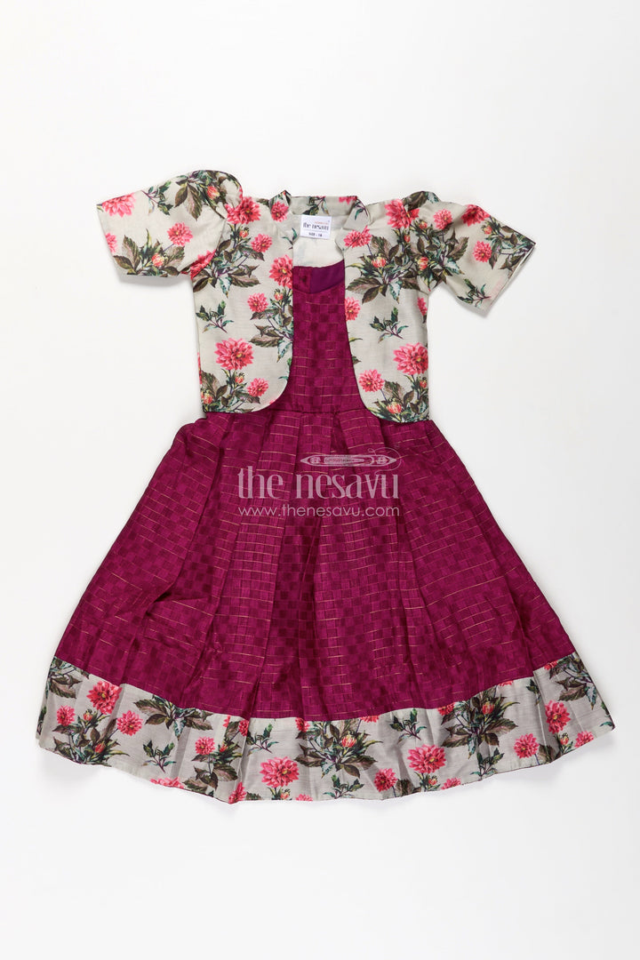 The Nesavu Girls Casual Gown Girls Silk Cotton Gown with Floral Chanderi Overcoat in Pink Colour Gown Dress Style Nesavu Girls pink colour gown dress Silk Cotton Floral Chanderi Overcoat Pleated Skirt | The Nesavu