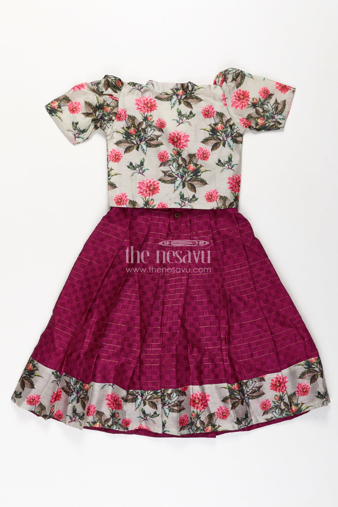 The Nesavu Girls Casual Gown Girls Silk Cotton Gown with Floral Chanderi Overcoat in Pink Colour Gown Dress Style Nesavu Girls pink colour gown dress Silk Cotton Floral Chanderi Overcoat Pleated Skirt | The Nesavu