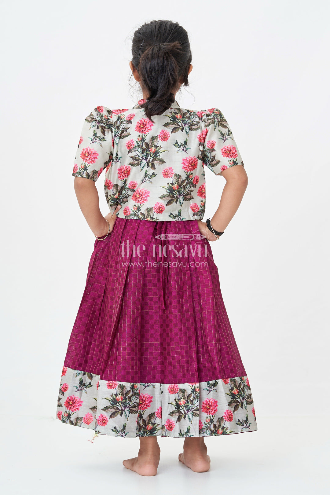 The Nesavu Girls Casual Gown Girls Silk Cotton Gown with Floral Chanderi Overcoat in Pink Colour Gown Dress Style Nesavu Girls pink colour gown dress Silk Cotton Floral Chanderi Overcoat Pleated Skirt | The Nesavu