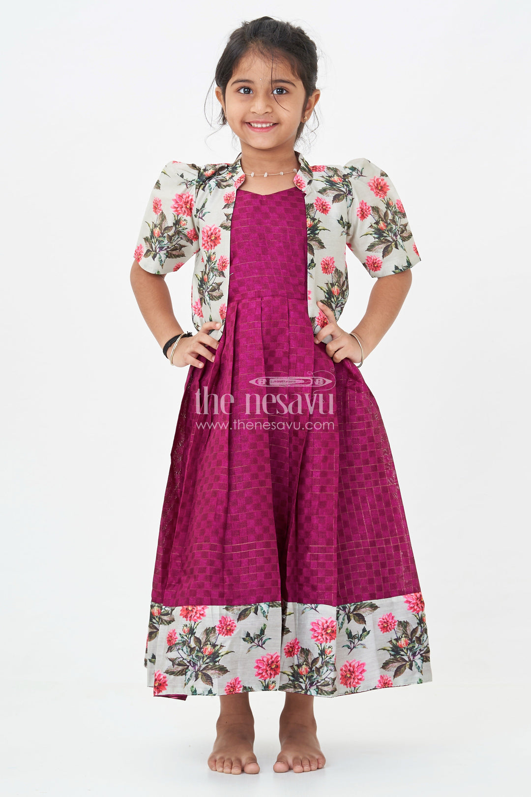 The Nesavu Girls Casual Gown Girls Silk Cotton Gown with Floral Chanderi Overcoat in Pink Colour Gown Dress Style Nesavu Girls pink colour gown dress Silk Cotton Floral Chanderi Overcoat Pleated Skirt | The Nesavu