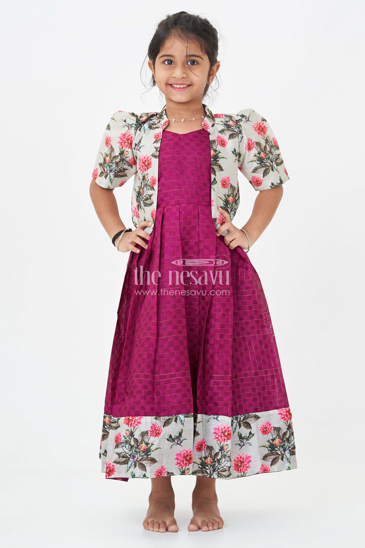 The Nesavu Girls Casual Gown Girls Silk Cotton Gown with Floral Chanderi Overcoat in Pink Colour Gown Dress Style Nesavu Girls pink colour gown dress Silk Cotton Floral Chanderi Overcoat Pleated Skirt | The Nesavu