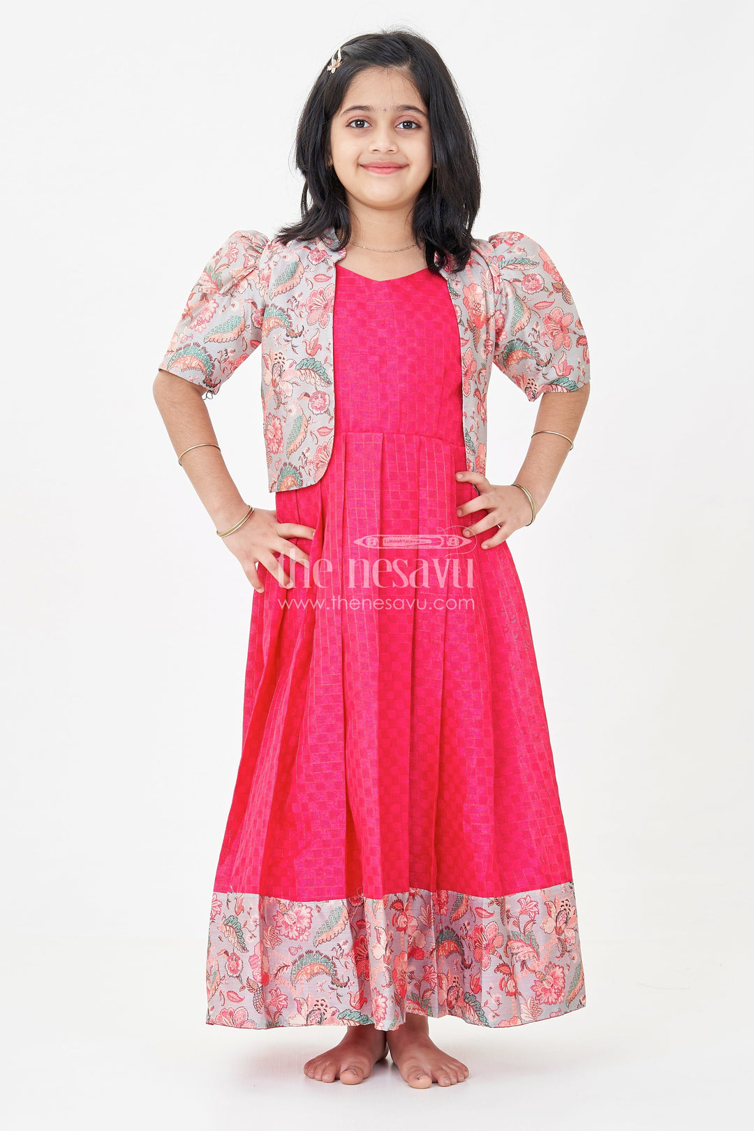 The Nesavu Girls Casual Gown Girls Silk Cotton Gown with Pleated Design and Floral Chanderi Overcoat in Silk Gown Party Wear Style Nesavu 18 (2Y) / Gray GA316A-18 Girls silk gown party wear Silk Cotton Floral Chanderi Overcoat Pleated Design | The Nesavu