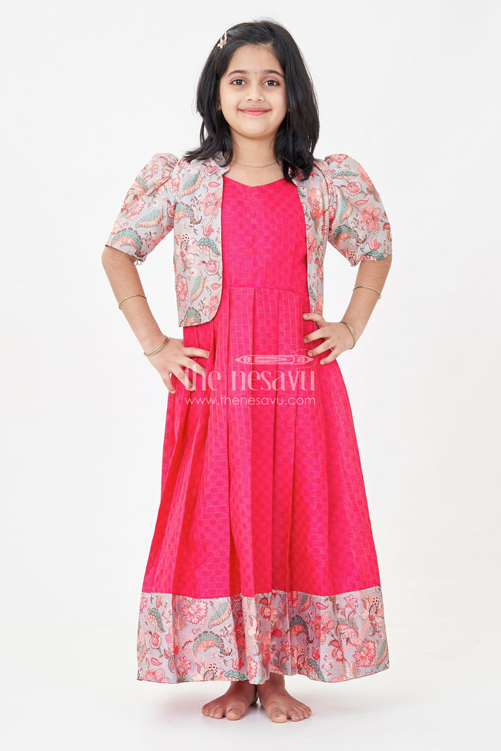 The Nesavu Girls Casual Gown Girls Silk Cotton Gown with Pleated Design and Floral Chanderi Overcoat in Silk Gown Party Wear Style Nesavu 18 (2Y) / Gray GA316A-18 Girls silk gown party wear Silk Cotton Floral Chanderi Overcoat Pleated Design | The Nesavu