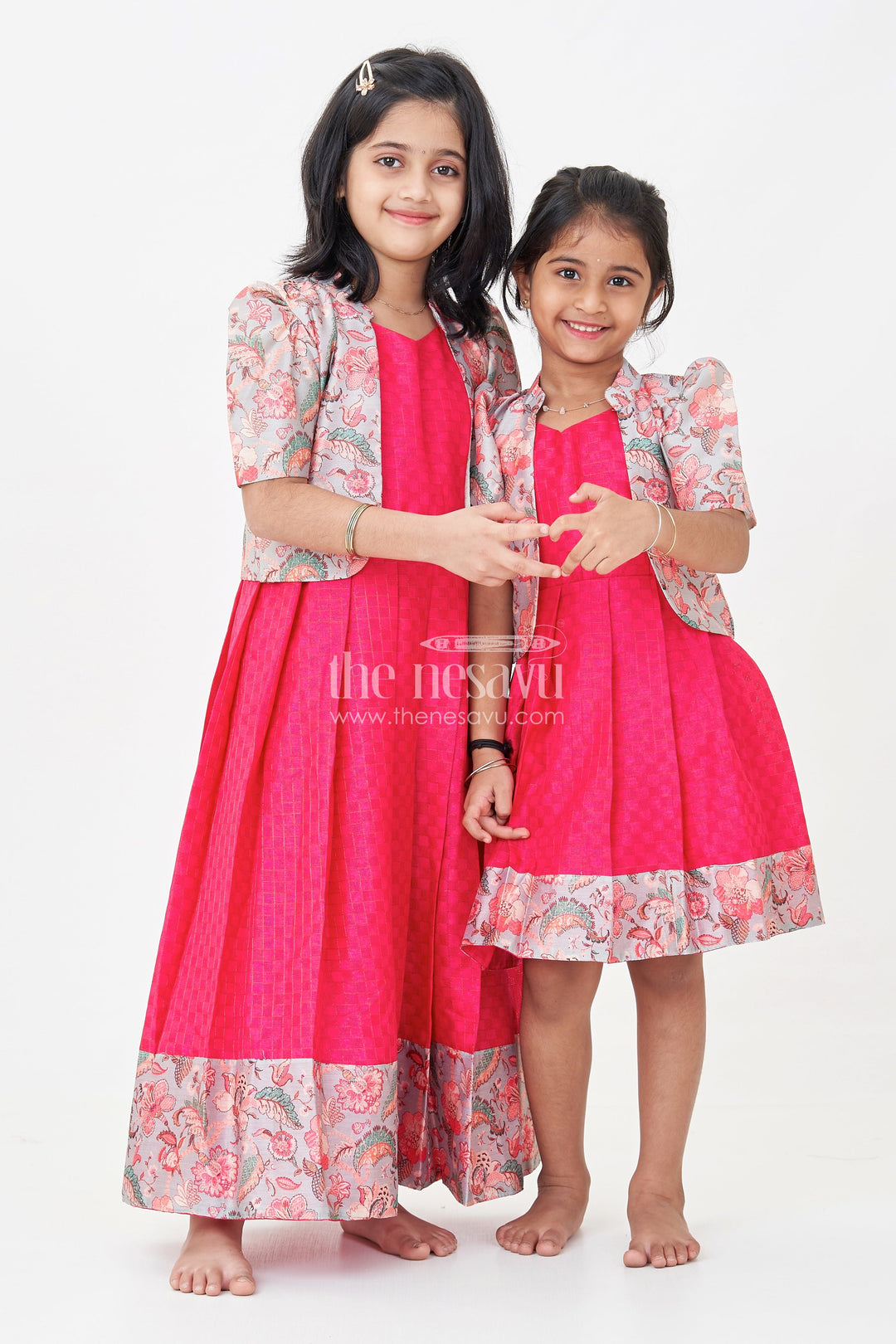 The Nesavu Girls Casual Gown Girls Silk Cotton Gown with Pleated Design and Floral Chanderi Overcoat in Silk Gown Party Wear Style Nesavu Girls silk gown party wear Silk Cotton Floral Chanderi Overcoat Pleated Design | The Nesavu