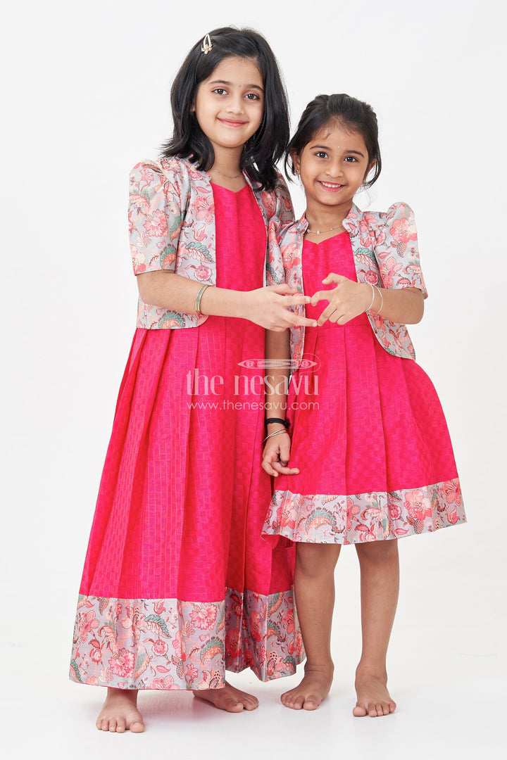 The Nesavu Girls Casual Gown Girls Silk Cotton Gown with Pleated Design and Floral Chanderi Overcoat in Silk Gown Party Wear Style Nesavu Girls silk gown party wear Silk Cotton Floral Chanderi Overcoat Pleated Design | The Nesavu