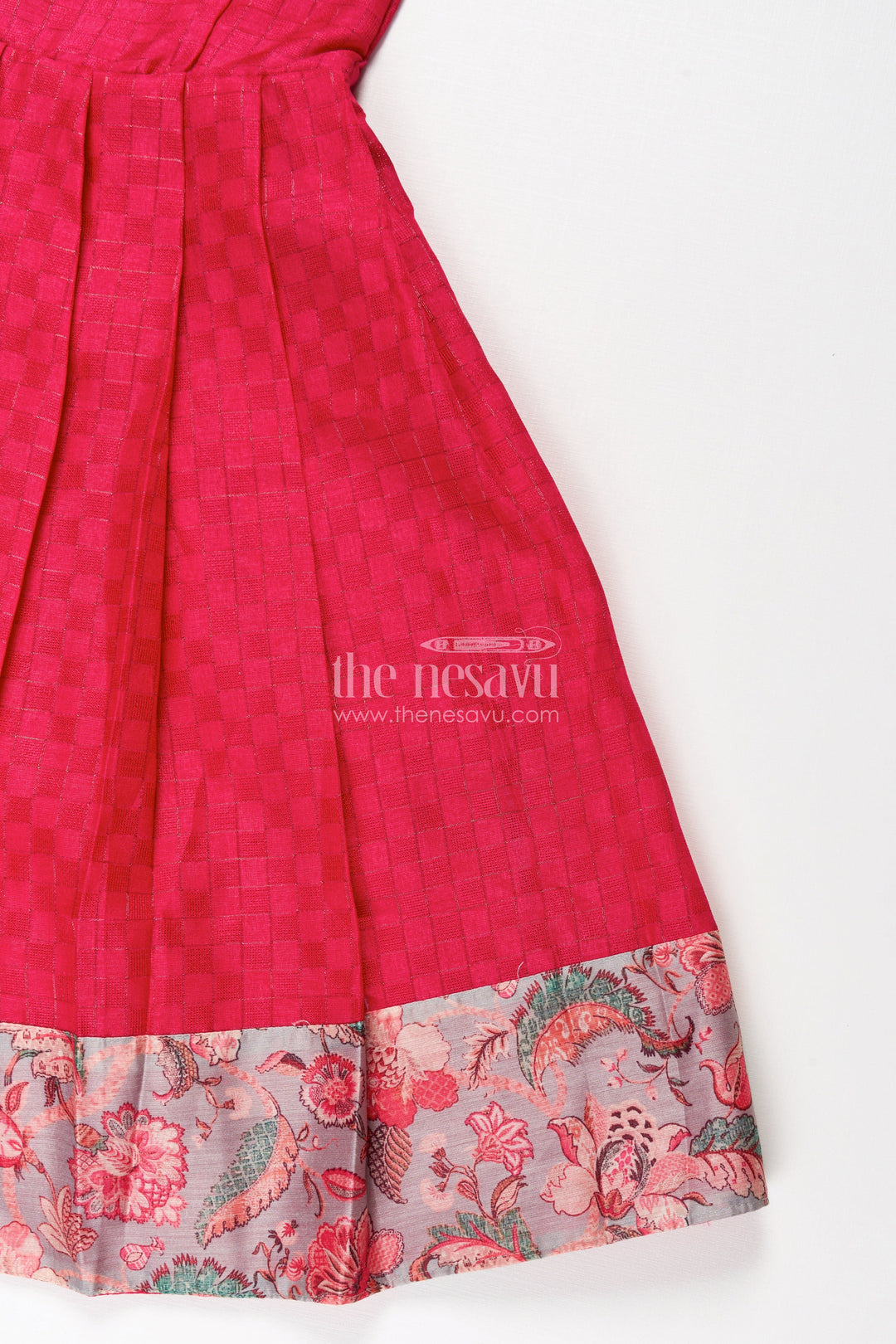 The Nesavu Girls Casual Gown Girls Silk Cotton Gown with Pleated Design and Floral Chanderi Overcoat in Silk Gown Party Wear Style Nesavu Girls silk gown party wear Silk Cotton Floral Chanderi Overcoat Pleated Design | The Nesavu