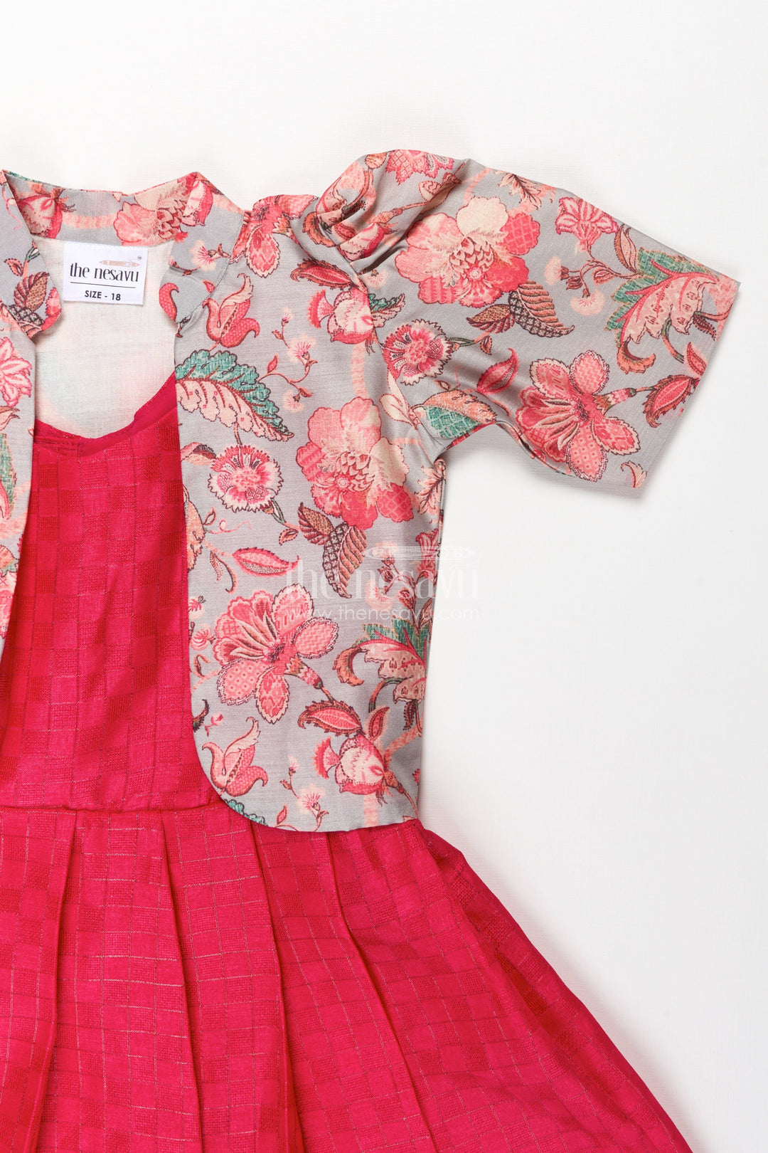 The Nesavu Girls Casual Gown Girls Silk Cotton Gown with Pleated Design and Floral Chanderi Overcoat in Silk Gown Party Wear Style Nesavu Girls silk gown party wear Silk Cotton Floral Chanderi Overcoat Pleated Design | The Nesavu