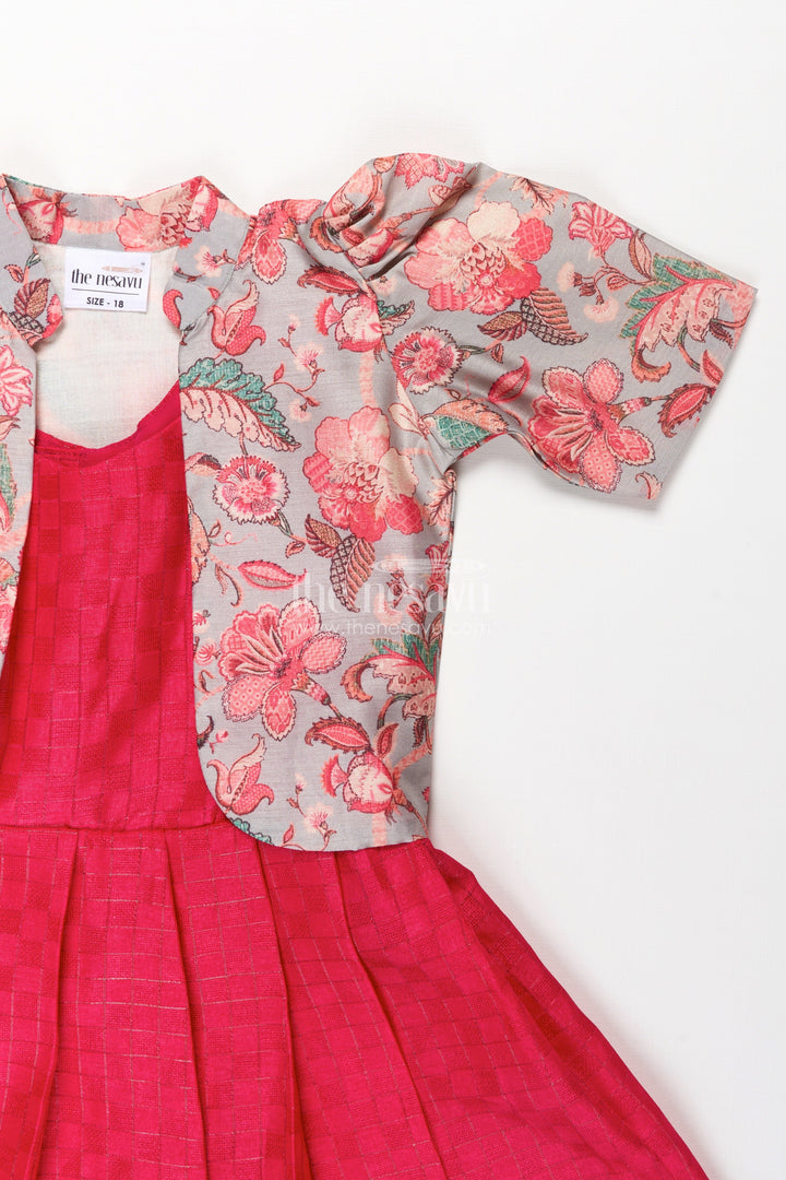 The Nesavu Girls Casual Gown Girls Silk Cotton Gown with Pleated Design and Floral Chanderi Overcoat in Silk Gown Party Wear Style Nesavu Girls silk gown party wear Silk Cotton Floral Chanderi Overcoat Pleated Design | The Nesavu