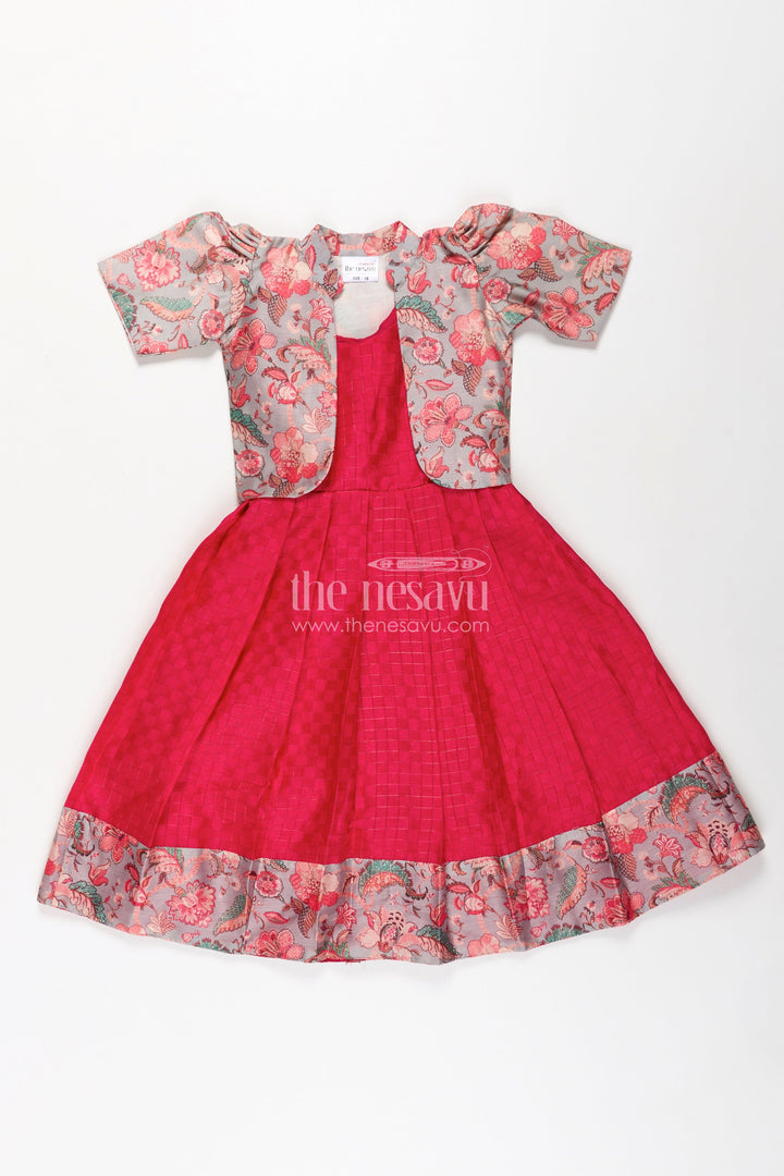 The Nesavu Girls Casual Gown Girls Silk Cotton Gown with Pleated Design and Floral Chanderi Overcoat in Silk Gown Party Wear Style Nesavu Girls silk gown party wear Silk Cotton Floral Chanderi Overcoat Pleated Design | The Nesavu