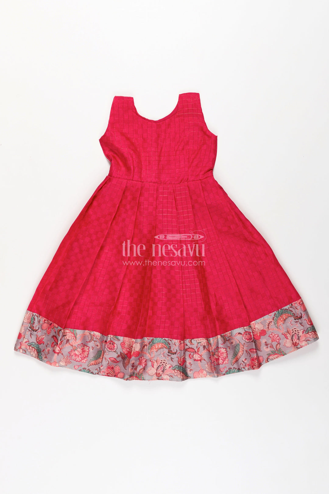 The Nesavu Girls Casual Gown Girls Silk Cotton Gown with Pleated Design and Floral Chanderi Overcoat in Silk Gown Party Wear Style Nesavu Girls silk gown party wear Silk Cotton Floral Chanderi Overcoat Pleated Design | The Nesavu