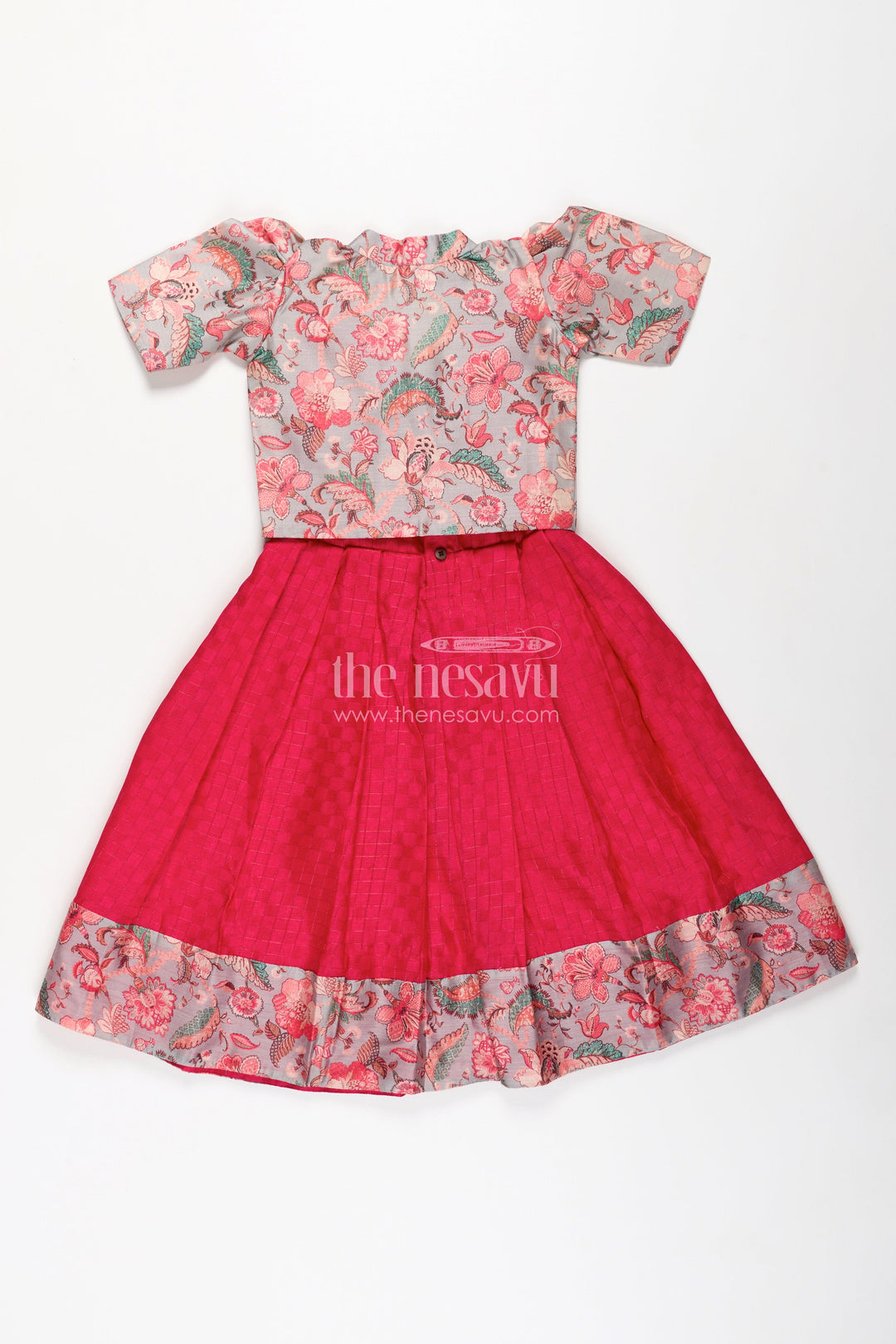 The Nesavu Girls Casual Gown Girls Silk Cotton Gown with Pleated Design and Floral Chanderi Overcoat in Silk Gown Party Wear Style Nesavu Girls silk gown party wear Silk Cotton Floral Chanderi Overcoat Pleated Design | The Nesavu