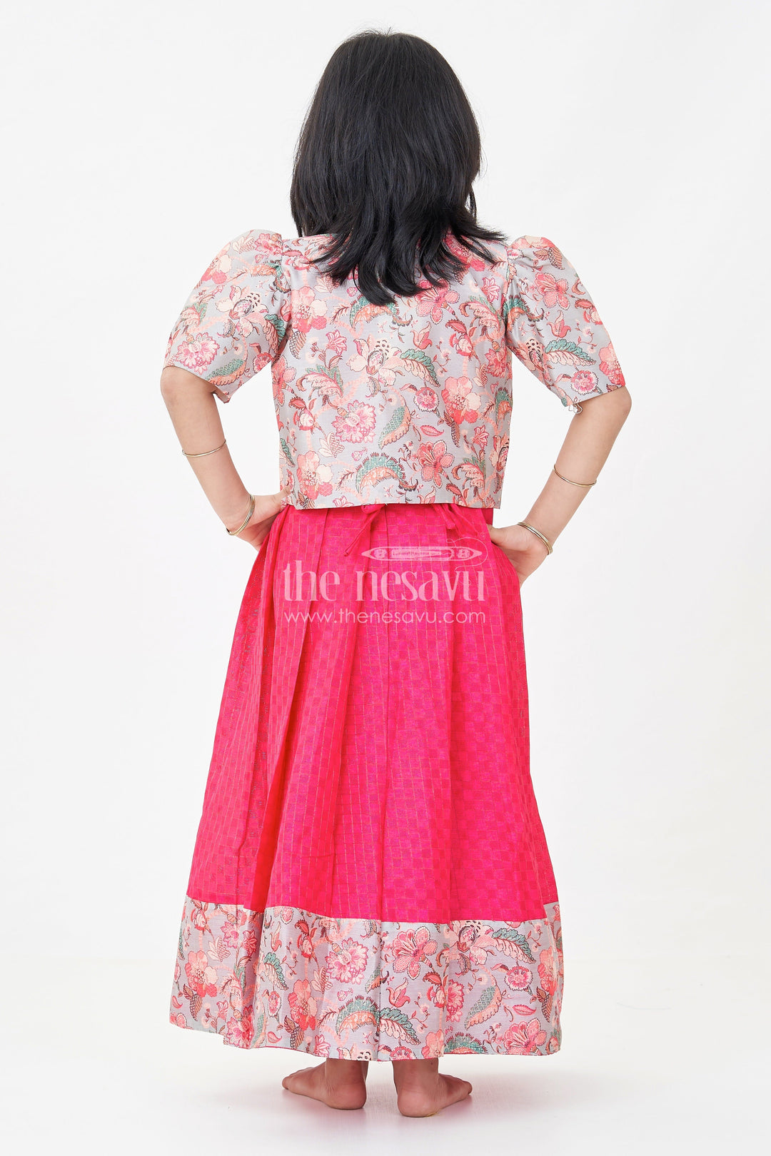 The Nesavu Girls Casual Gown Girls Silk Cotton Gown with Pleated Design and Floral Chanderi Overcoat in Silk Gown Party Wear Style Nesavu Girls silk gown party wear Silk Cotton Floral Chanderi Overcoat Pleated Design | The Nesavu