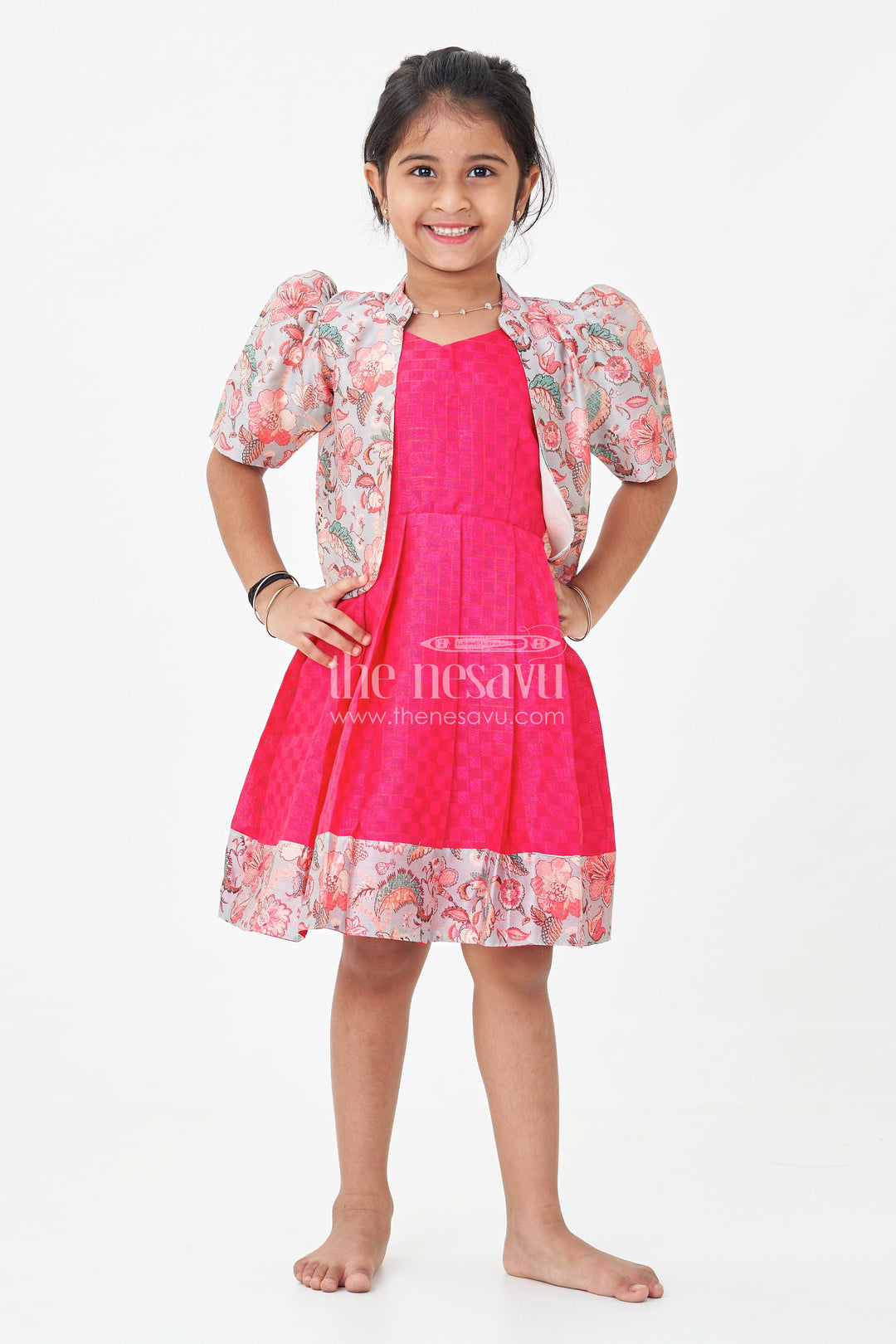 The Nesavu Silk Frock Girls Silk Cotton Red Floral Frock with Printed Chanderi Jacket and Elegant Pleated Skirt Nesavu 18 (2Y) / Red SF1021A-18 Nesavu Red Floral Frock Girls Silk Cotton Printed Chanderi Overcoat Pleated Skirt