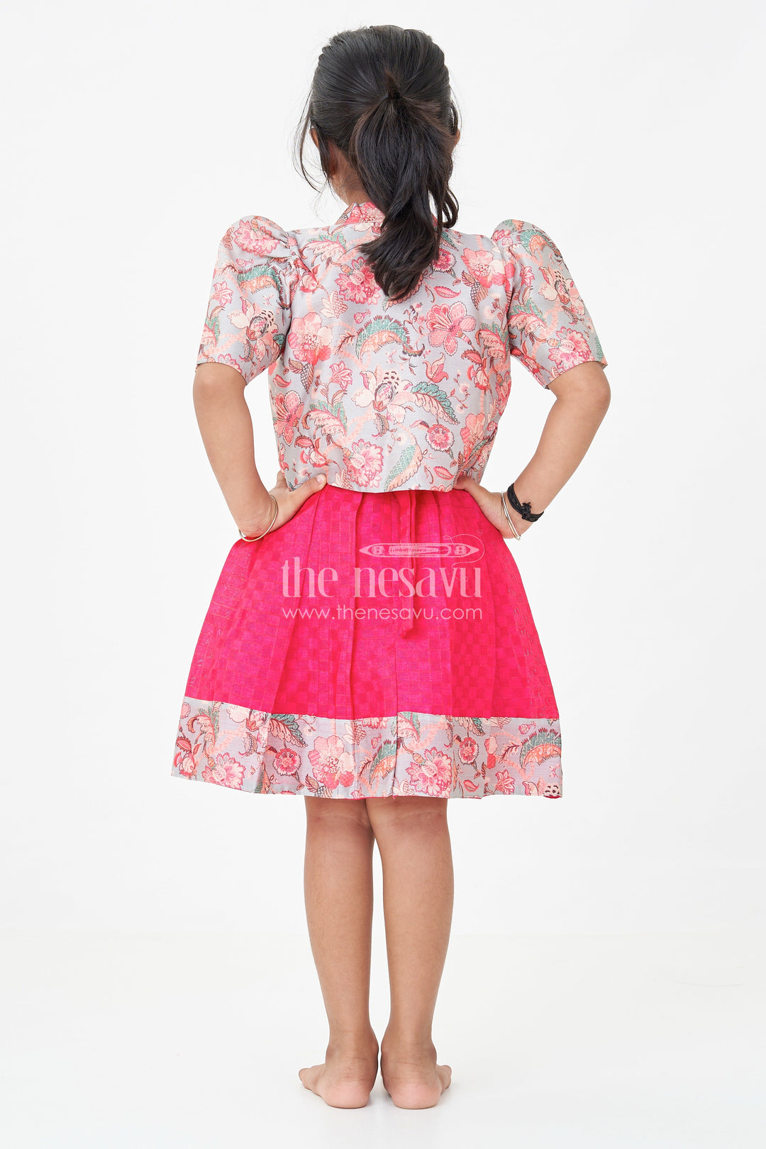 The Nesavu Silk Frock Girls Silk Cotton Red Floral Frock with Printed Chanderi Jacket and Elegant Pleated Skirt Nesavu Nesavu Red Floral Frock Girls Silk Cotton Printed Chanderi Overcoat Pleated Skirt