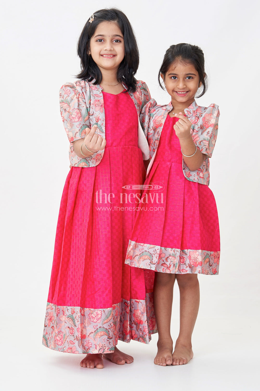 The Nesavu Silk Frock Girls Silk Cotton Red Floral Frock with Printed Chanderi Jacket and Elegant Pleated Skirt Nesavu Nesavu Red Floral Frock Girls Silk Cotton Printed Chanderi Overcoat Pleated Skirt