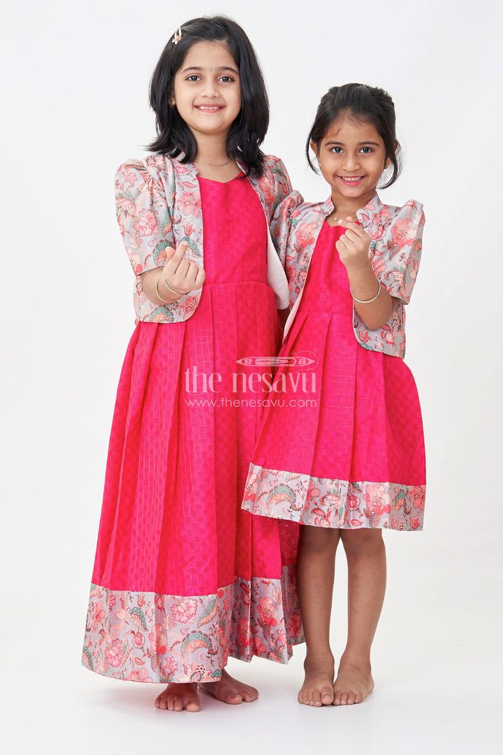 The Nesavu Silk Frock Girls Silk Cotton Red Floral Frock with Printed Chanderi Jacket and Elegant Pleated Skirt Nesavu Nesavu Red Floral Frock Girls Silk Cotton Printed Chanderi Overcoat Pleated Skirt